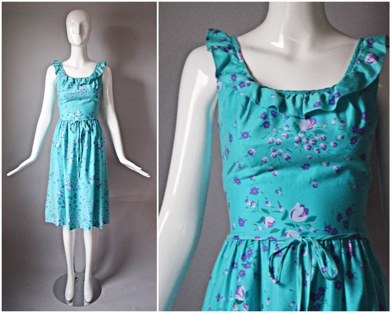 vtg 70s Malia aqua blue pink floral print cotton sundress dress size 14 dress garden party ruffle trim petites summer 1970s bow waist