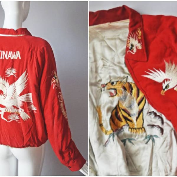 Vintage 1940er Jahre Sukajan Jacke | Seltene WWII japanische Okinawa Wende-Souvenirjacke 1940er Jahre bestickte Tiger Drachen roter Seidensamtmantel