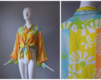 Vintage 1960s Never Needs Ironing Yellow Psychedelic Floral Print Balloon Sleeve Button Down Top