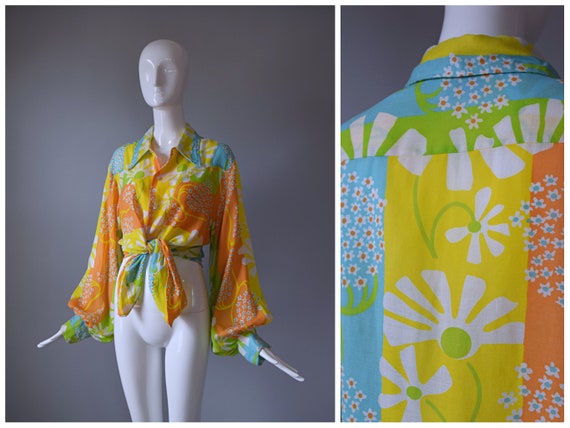 Vintage 1960s Never Needs Ironing Yellow Psychede… - image 1