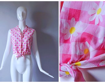Vintage Y2K *NOS* United Colors of Benetton pink and white gingham daisy print button down tie wait Top | 1990s 90s 2000s top