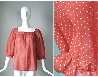 vtg 1980s Ship n' Shore Collectibles red and white polka dot prairie square neck blouse | 80s short gathered puff sleeves | size 16 peasant