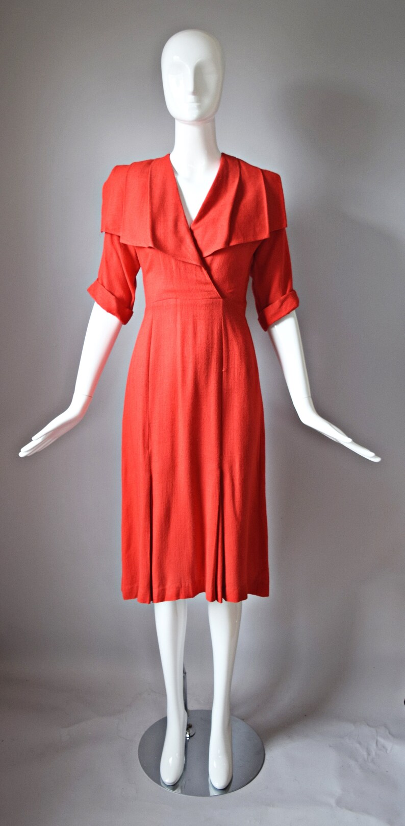 vtg 90s Dawn Joy Fashions red 3/4 sleeve wrap style flapper dress retro colorblock colorful 1990s pinup dress image 7