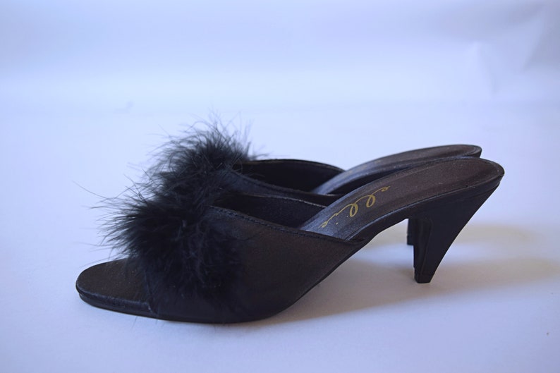 Vintage 1990s Ellie black marabou feather peep toe kitten heel Shoes 1990s 90s 2000s shoes image 5