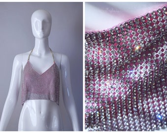 Vintage Y2K Windsor Light Pink Full Rhinestone Chainmail Disco Top with Lace Up Back | retro 90s 1990s 2000s |
