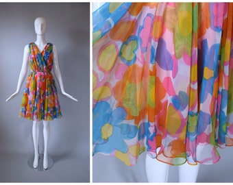 Vintage 1960s Jack Bryan Psychedelic Vibrant Floral Print Gathered Chiffon Party Dress