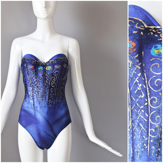vtg 90s Gottex blue and gold metallic print full s