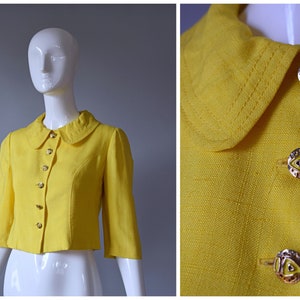 Vintage 1960s T. Jones Lemon Yellow 3/4 Length Sleeve Cropped Blazer Jacket with Gold and Yellow Enamel Painted Buttons image 1