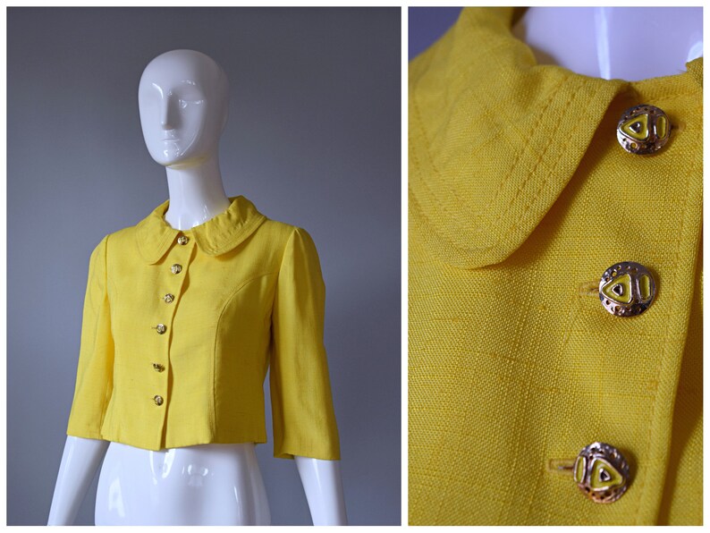 Vintage 1960s T. Jones Lemon Yellow 3/4 Length Sleeve Cropped Blazer Jacket with Gold and Yellow Enamel Painted Buttons image 1