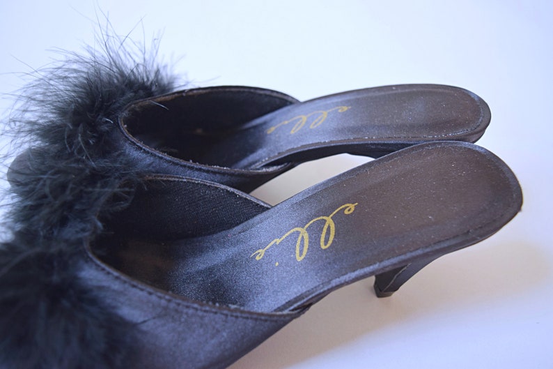 Vintage 1990s Ellie black marabou feather peep toe kitten heel Shoes 1990s 90s 2000s shoes image 2