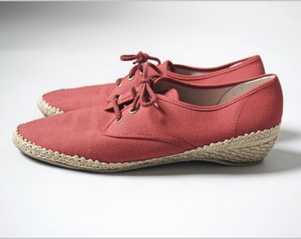 vtg 1980s Outdoorables red canvas wedge espadrille wedge heel sneaker shoes | retro 1980s | summer beach spring womens