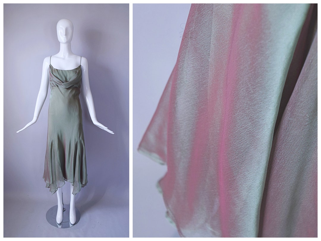 Vintage Y2K Green and Red Ombre Chiffon Drape Neck Scarf Hem Dress ...