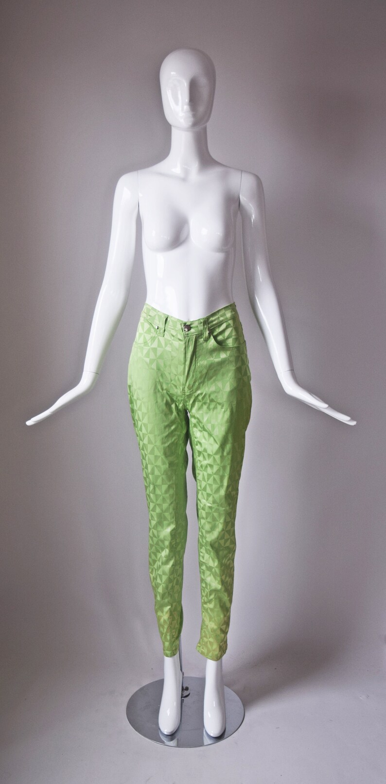 vtg 90s Exte Jeans lime green kaleidoscope pattern slim cut low waist pants y2k 1990s size 28 slim cut womens straight trouser slacks image 5