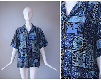 Vintage 1970s RJC Blue Hawaiian Tiki Hibiscus Floral Print Tropical Button Down Shirt Top