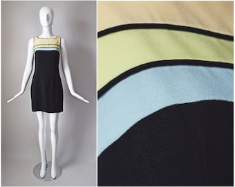 vtg 90s Caren Desiree Company black blue yellow  green colorblock over the knee pencil dress | 1990s cocktail dress | size 6 small S dress