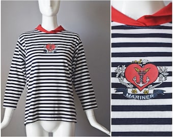 vtg 80s Hang Ten Mariner navy blue white striped sailor shirt | red kerchief collar nautical anchor novelty print scarf sleeve summer jersey