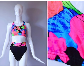 Vintage 1990s Maillot Battex Body Ltd. pink neon floral two piece high waist bikini swimsuit | 1990s 90s 2000s swim bathing suit top bottom