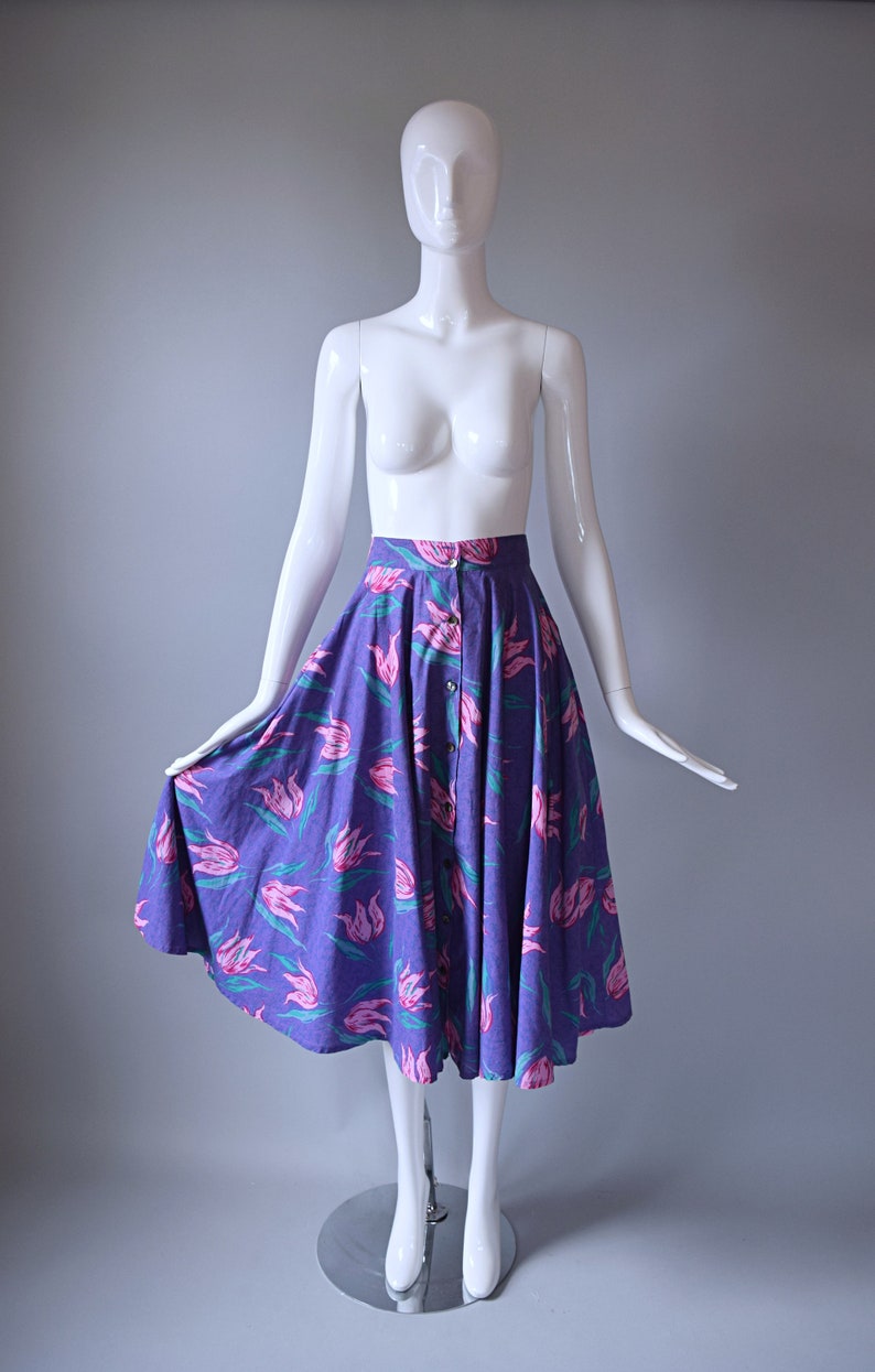 Vintage 1980s VERY RARE Laura Ashley Purple and Pink Floral Button Down Full Circle Skirt image 7