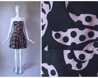 French Connection black and pink bow print strapless party  Dress | 1990s 90s 2000s dress