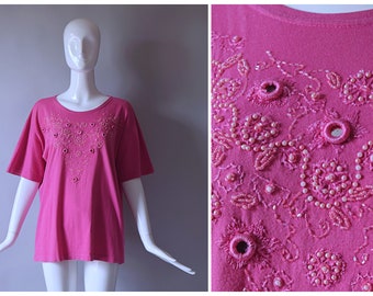 Vintage 1990s Private Party pink beaded jersey Top | 1990s 90s 2000s top