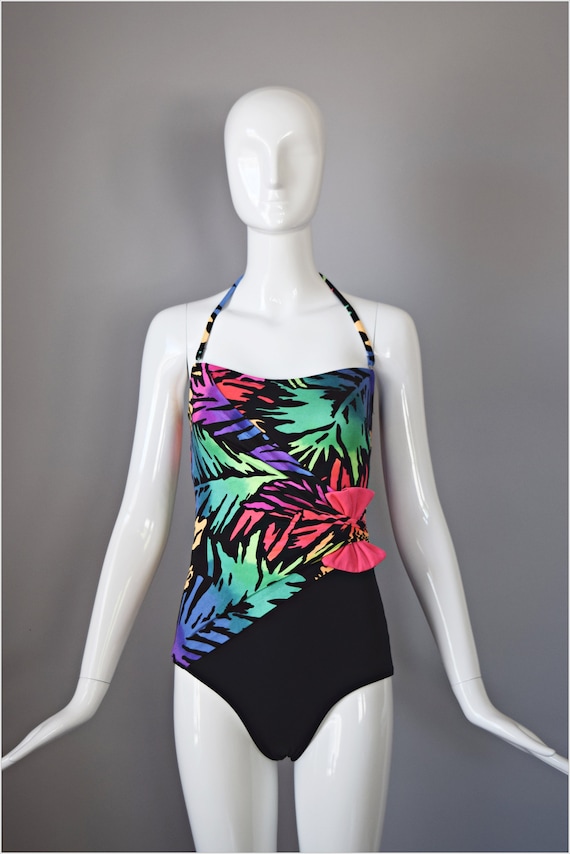 vtg 90s Catalina black and neon palm leaf print f… - image 7