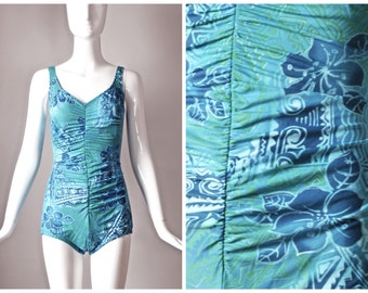 vtg 1980s Paradise Bay blue + green Hawaiian floral hibiscus print gathered one piece v-neck swimsuit bathing suit swimwear | 80s | size 16