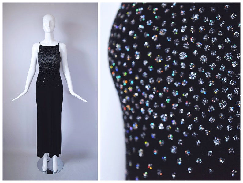 Vintage 1990s Jump Apparel Co. Black Velvet Floor Length Dress with Silver Glitter Detail retro 90s Y2K 2000s image 1
