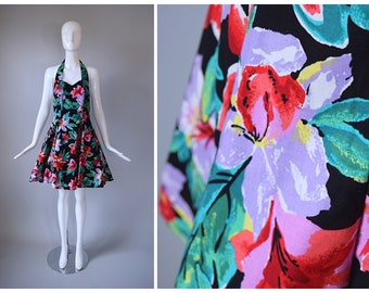 Vintage 1980s Joni Blair of California Black Tropical Print Fit and Flair Boned Bodice Tulle Petticoat Halter Dress