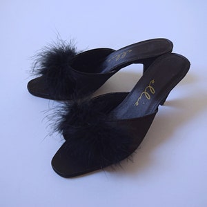 Vintage 1990s Ellie black marabou feather peep toe kitten heel Shoes 1990s 90s 2000s shoes image 3