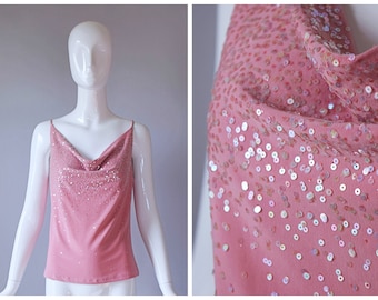 Vintage Y2K TOTO Pink Drape Neck Sequin Stretch Top | retro 90s 1990s 2000s |