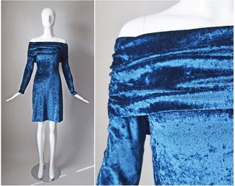 vtg 90s Styleworks blue crushed velvet off shoulder long sleeve stretch dress | 1990s | size Large L dress | bodycon holiday party dress