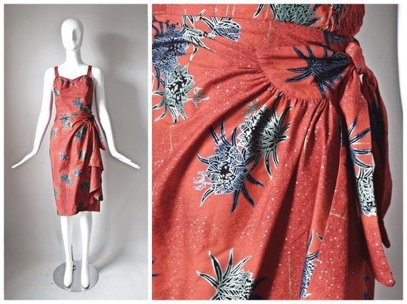 vtg 40s red tropical floral print Hawaiian sarong… - image 1