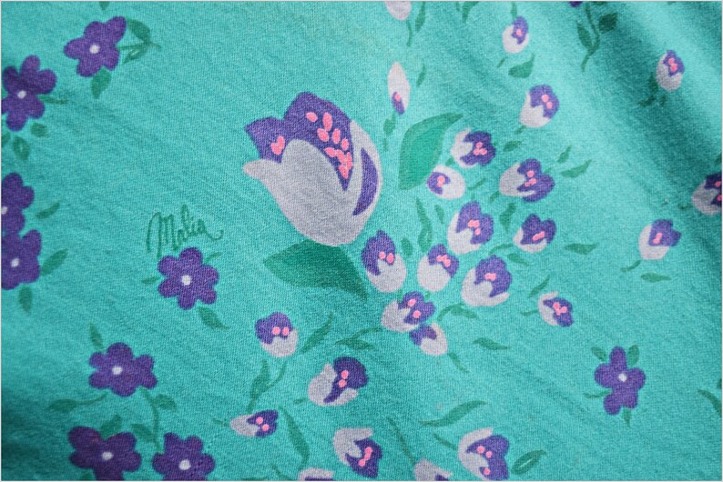 vtg 70s Malia aqua blue pink floral print cotton sundress dress size 14 dress garden party ruffle trim petites summer 1970s bow waist