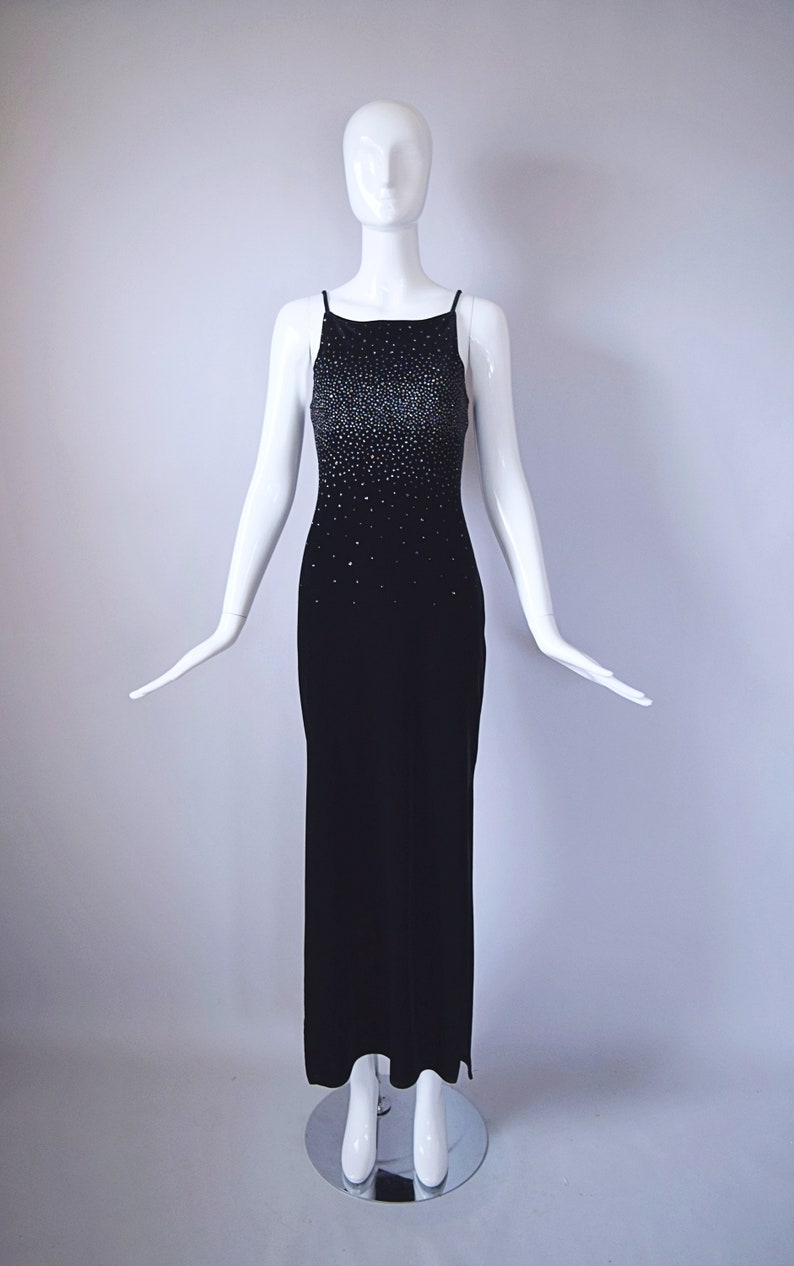 Vintage 1990s Jump Apparel Co. Black Velvet Floor Length Dress with Silver Glitter Detail retro 90s Y2K 2000s image 5