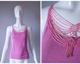 Vintage Y2K Pink Knit Sleeveless Top with Glass Beaded Neckline | retro 90s 1990s 2000s |