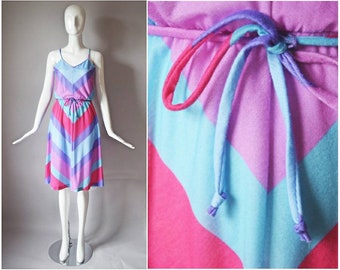 vtg 80s pink + purple + blue colorful rainbow striped sundress dress w/ matching belt | summer day dress 1980s 70s