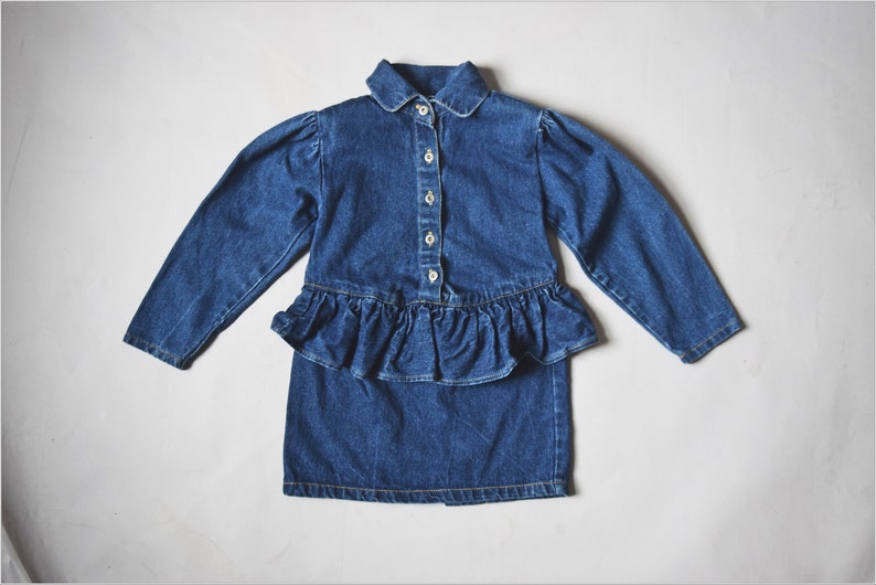 vtg 80s Toddler Girls Popsicle brand dark blue denim peplum button down dress w/ shoulder pads old school 1980s childrens jeans image 5