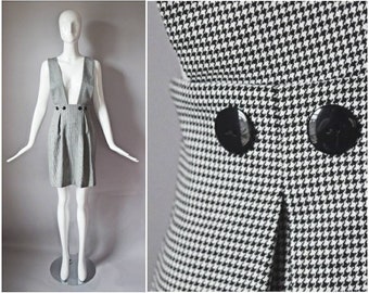 vtg 90s Topy black + white checker print pencil jumper dress | short skirt overalls plaid holiday 1990s tartan wiggle secretary size 4 small