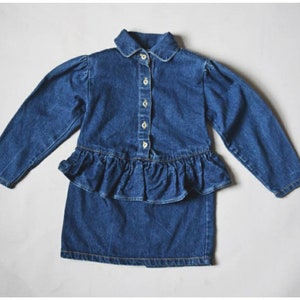 vtg 80s Toddler Girls Popsicle brand dark blue denim peplum button down dress w/ shoulder pads old school 1980s childrens jeans image 1