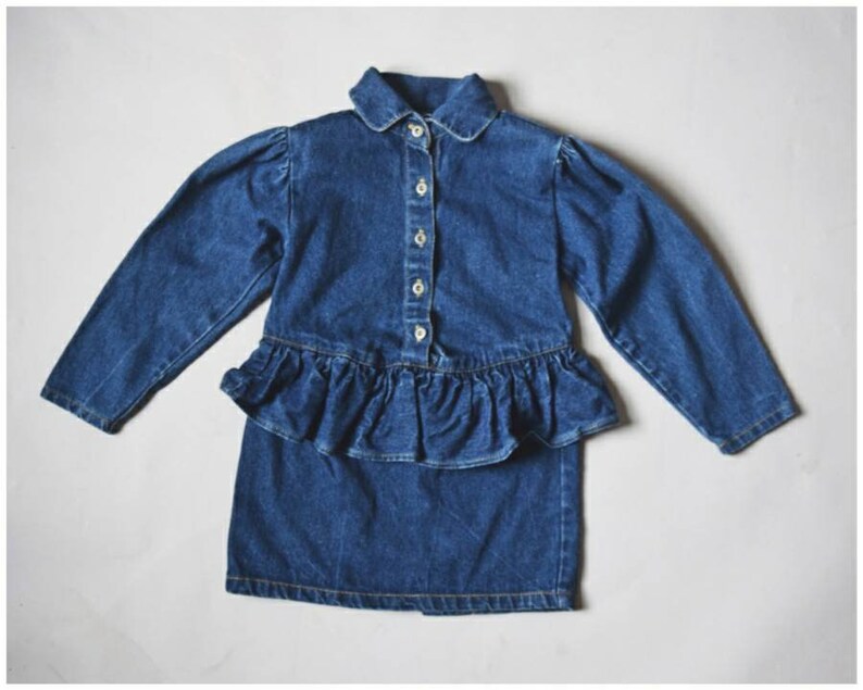 vtg 80s Toddler Girls Popsicle brand dark blue denim peplum button down dress w/ shoulder pads old school 1980s childrens jeans image 1