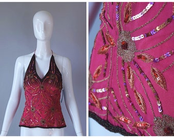 Vintage Y2K *NWT* Aftershock Pink Silk Floral Pattern Embroidered Beaded Sequin Halter Top with Lace Up Back | retro 90s 1990s 2000s |