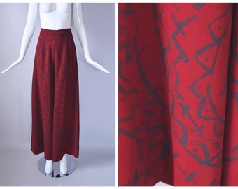 Vintage 1990s *Very Rare* RTW Todd Oldham Red Wool Bold Graffiti Print Bell Bottom Super Wide Leg Pants | retro 90s Y2K 2000s |