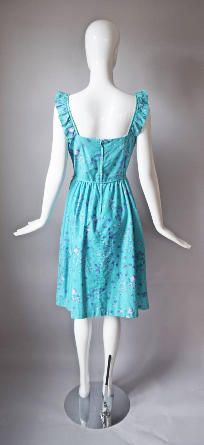 vtg 70s Malia aqua blue pink floral print cotton sundress dress size 14 dress garden party ruffle trim petites summer 1970s bow waist