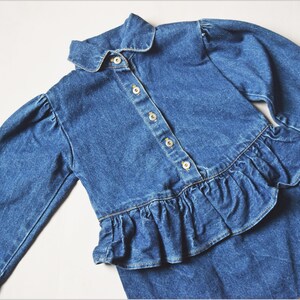 vtg 80s Toddler Girls Popsicle brand dark blue denim peplum button down dress w/ shoulder pads old school 1980s childrens jeans image 6