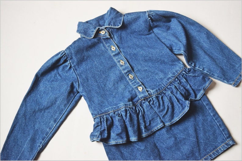 vtg 80s Toddler Girls Popsicle brand dark blue denim peplum button down dress w/ shoulder pads old school 1980s childrens jeans image 6