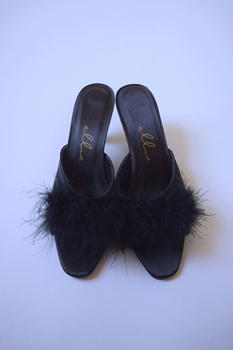 Vintage 1990s Ellie black marabou feather peep toe kitten heel Shoes 1990s 90s 2000s shoes image 6