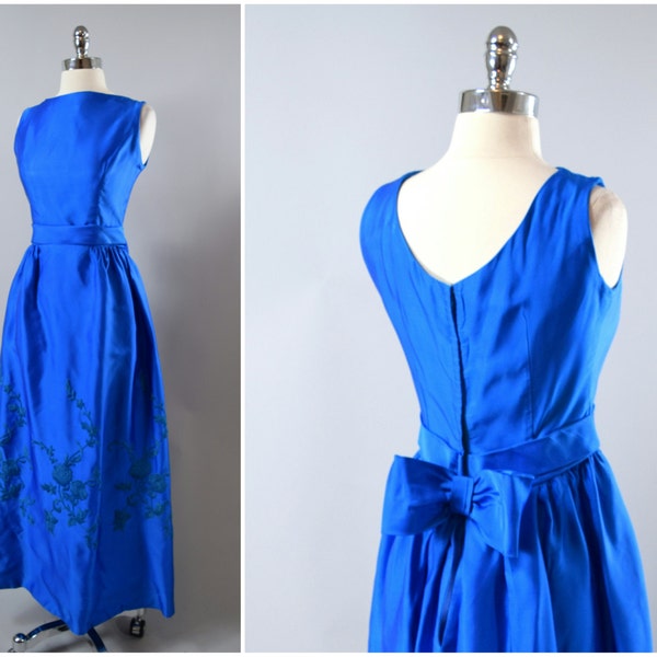 vtg 60s blue satin taffeta embroidered gown ⟢ vintage 1960s blue satin bow bustle gown ⟢ vintage 60s embroidered satin bustle back gown