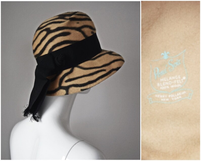 vtg 60s RARE Pore Soir Henry Pollak New York tiger stripe wool felted hat w/ ribbon detail vintage pinup 1960s image 1