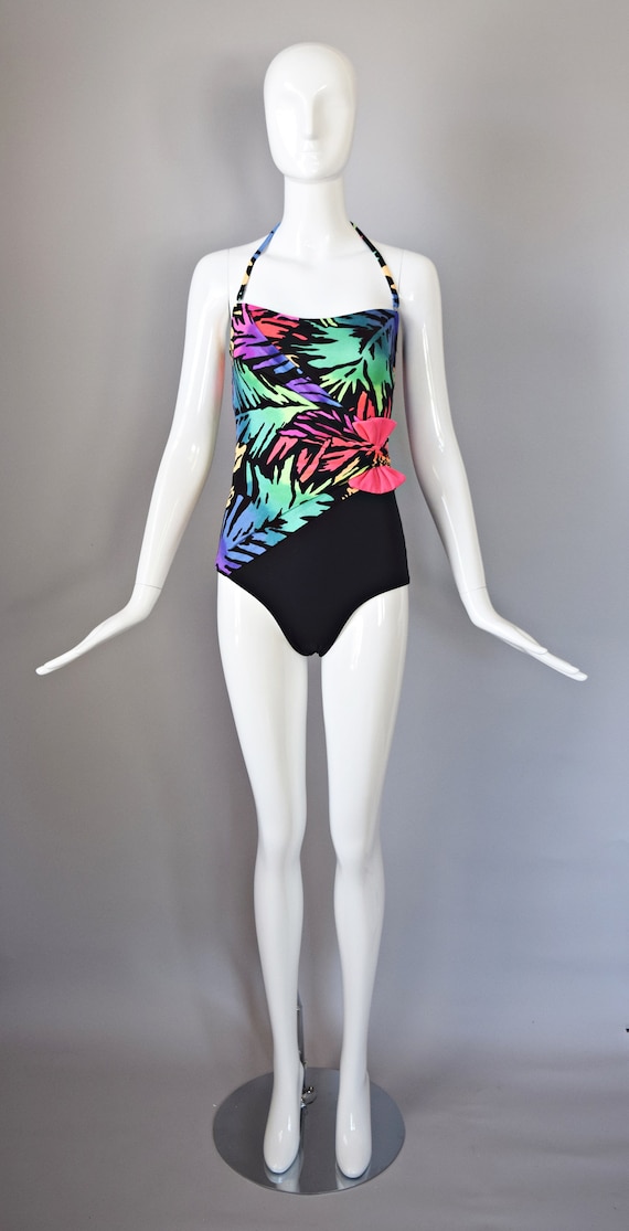 vtg 90s Catalina black and neon palm leaf print f… - image 9