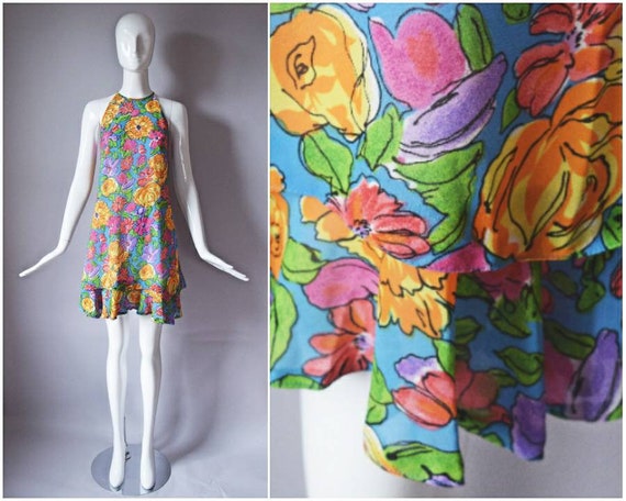 vtg 90s Jack Mulqueen blue and colorful rainbow fl